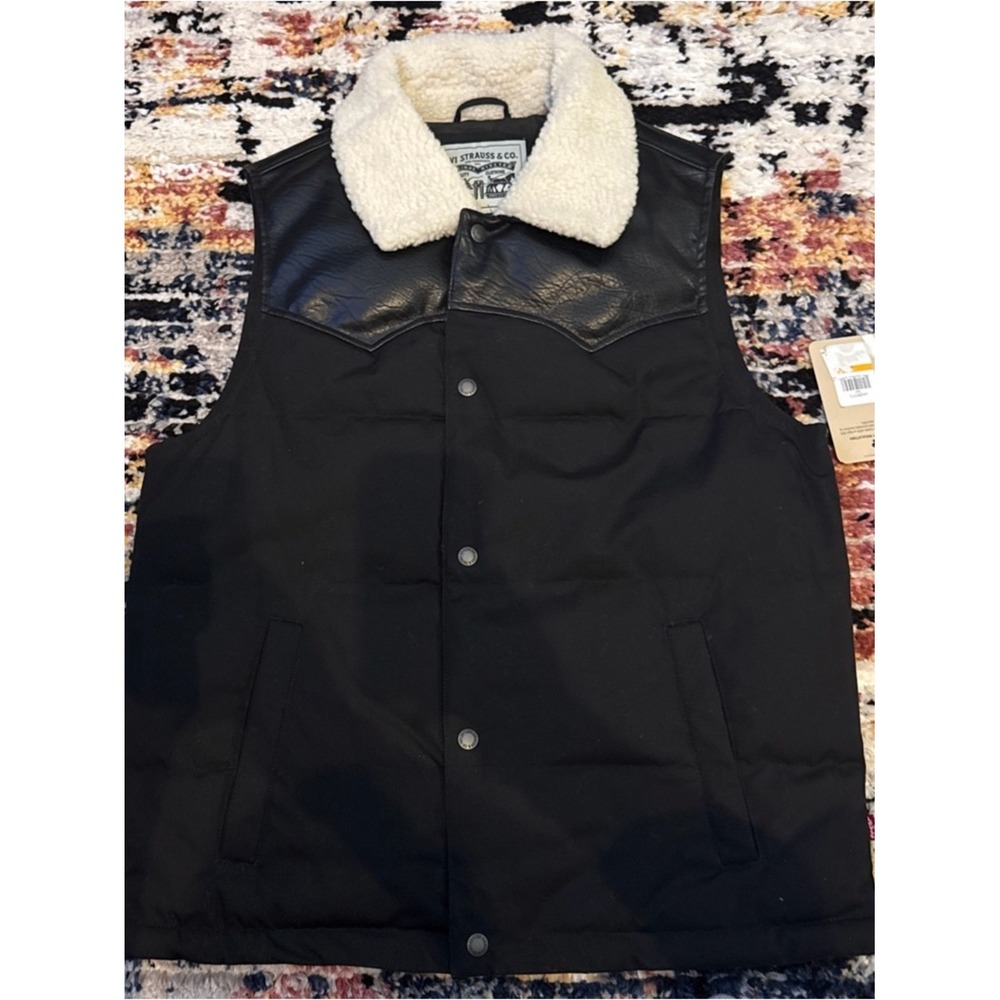 Levis Mens Sherpa Collar Puffer Vest Black Faux Leather Western Yoke Small NEW